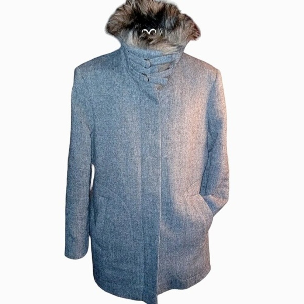 French Connection Grey Tweed Wool Blend Faux Fur Collar Coat size Medium